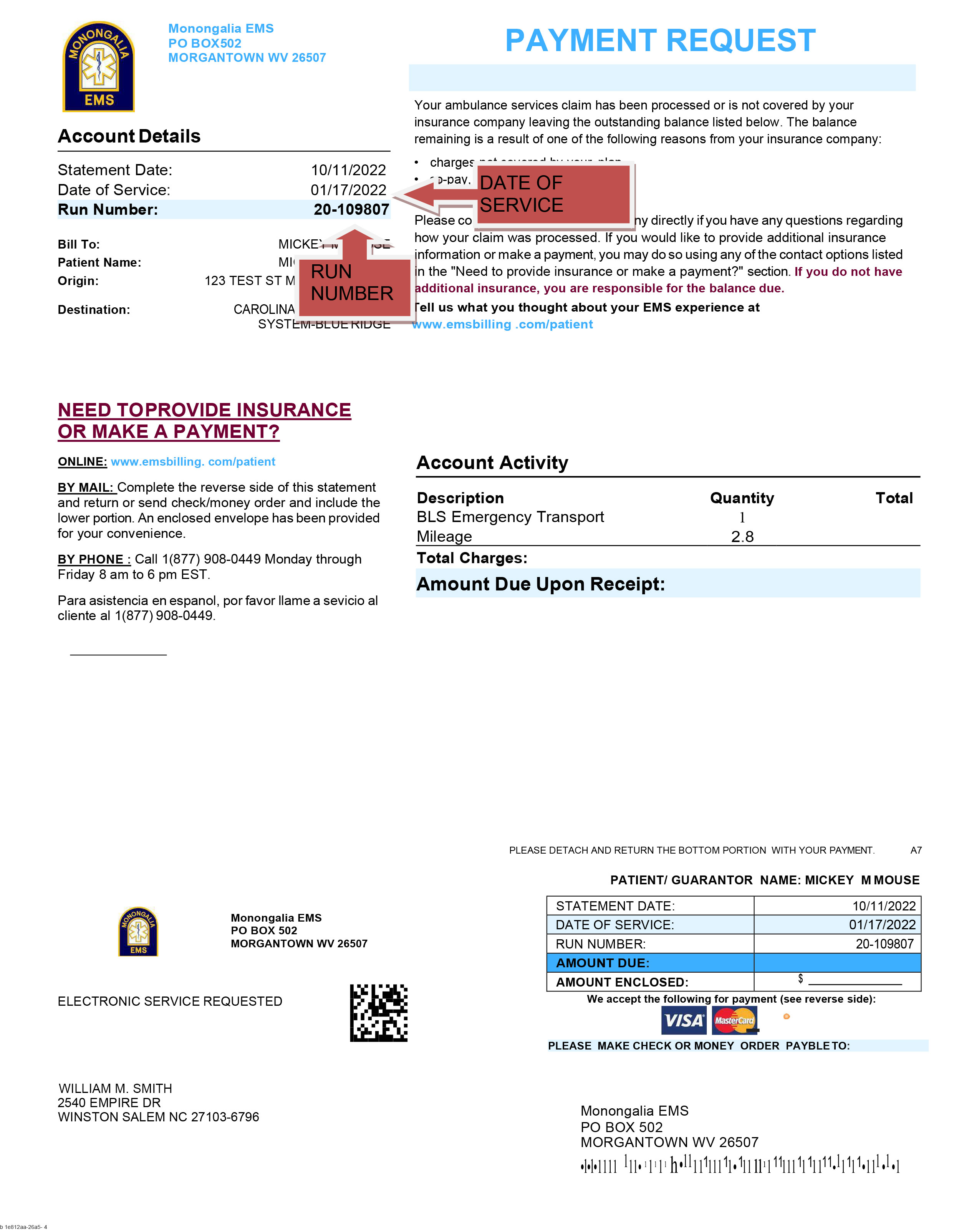 Sample invoice notice from EMS